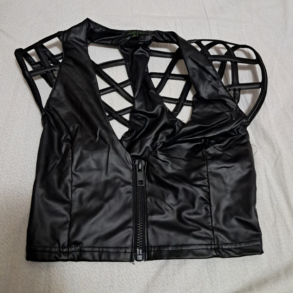 Black Faux Leather Cage Top